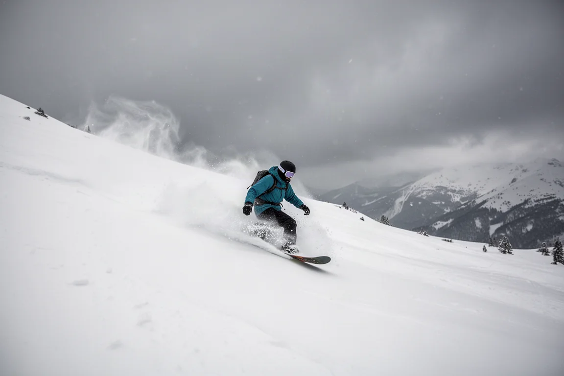 Snowboarder che scende nella neve fresca caricata dal vento in una stazione sciistica