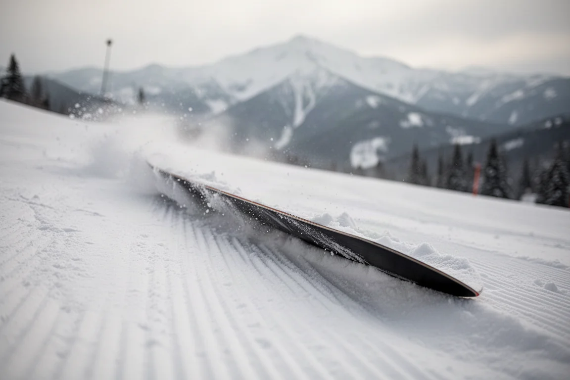 Primo piano del bordo di una tavola da snowboard che scolpisce una lunga curva nella neve compatta