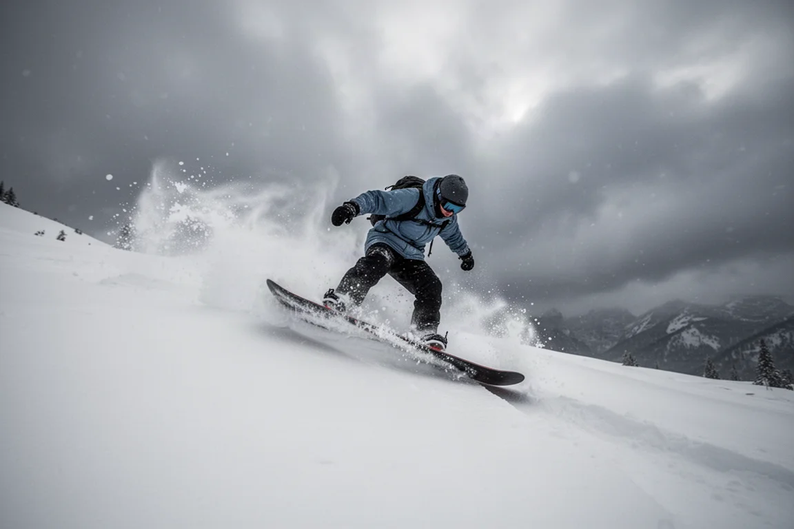 Coda della tavola da snowboard affondata nella neve profonda che lascia una traccia da wheelie