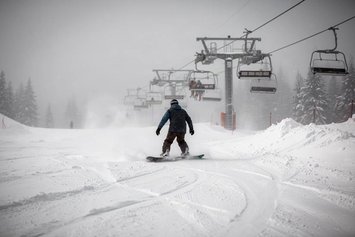 Snowboarder che rientra verso l'impianto di risalita su una pista battuta con luce piatta