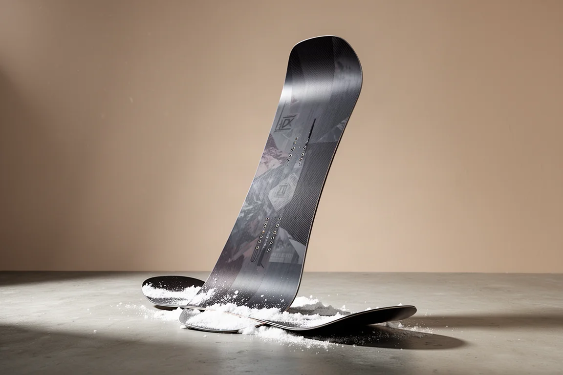Tavola da snowboard direzionale per polvere Slash Floater in piedi su una superficie di cemento