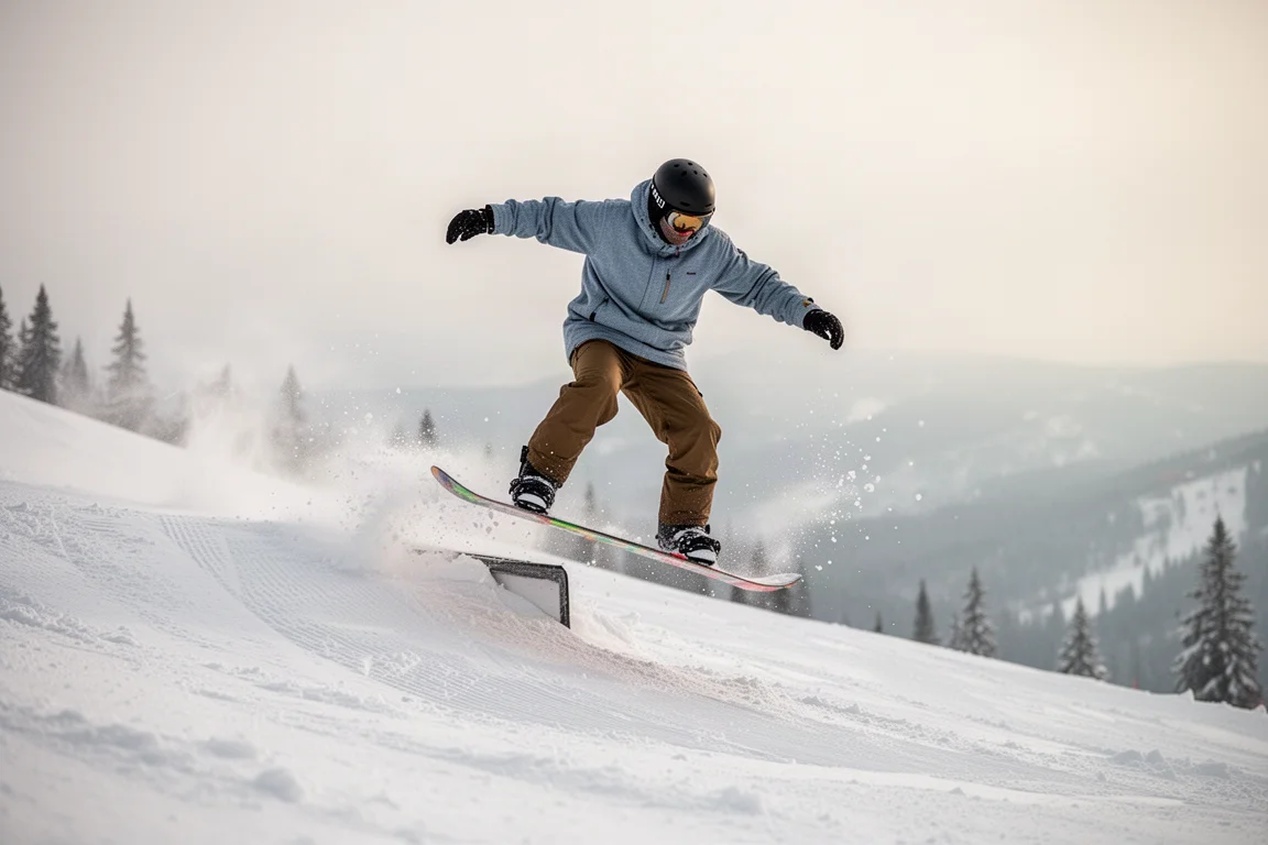 Snowboarder presionando el nose de una tabla en una pista pisada