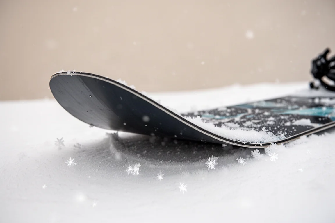 Primer plano de la punta de una tabla de snowboard levantada sobre nieve fresca