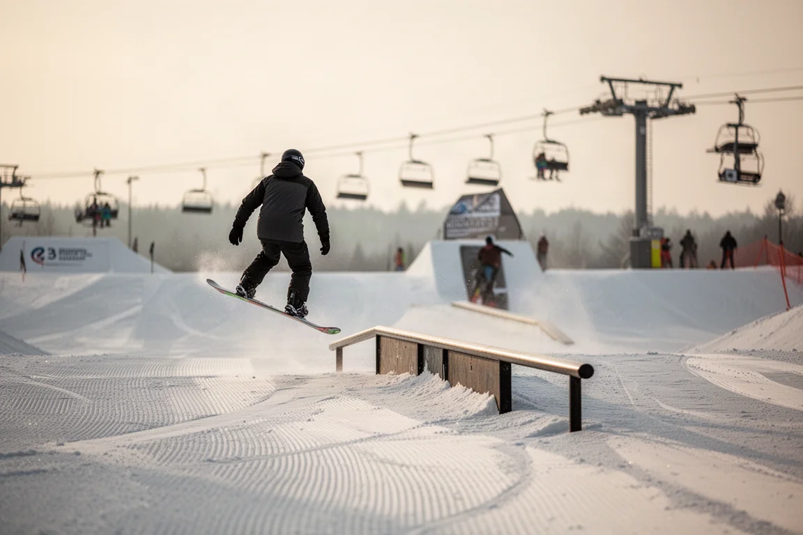 Snowboarder pasando por un módulo del terrain park