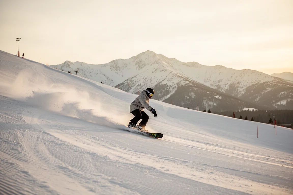 Snowboarder trazando curvas por una pista ancha con luz suave