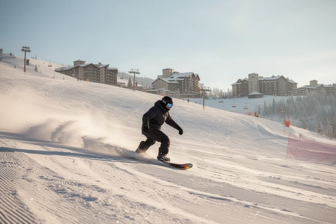 Snowboarder cruising soft groomed slopes on a sunny bluebird day