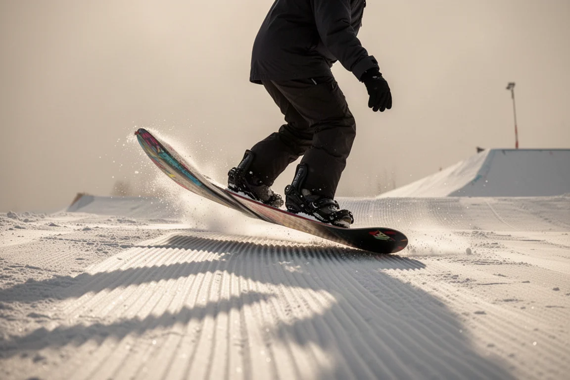 Snowboarder buttering on the nose of a board in the terrain park