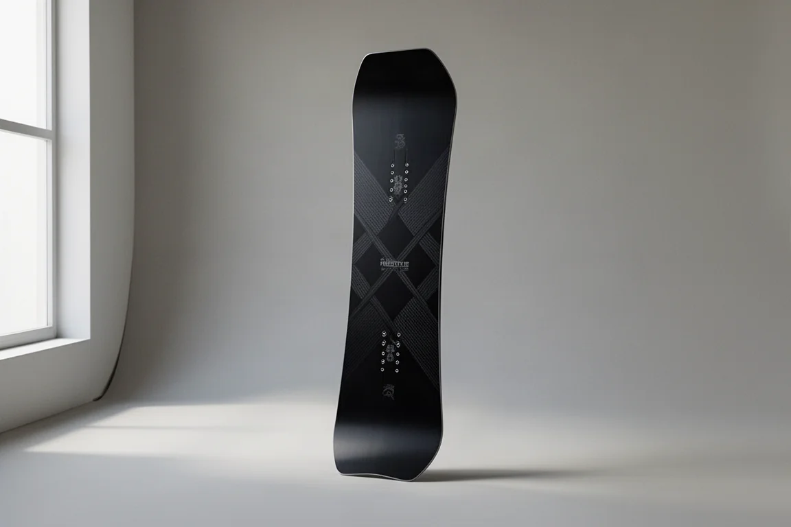 Slash Happy Place twin freestyle snowboard standing upright against a grey backdrop