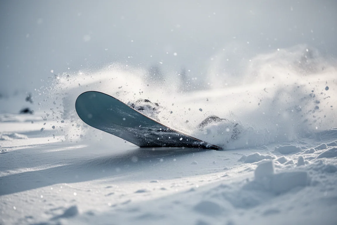 滑雪板板头在雪场深粉雪中轻盈漂浮
