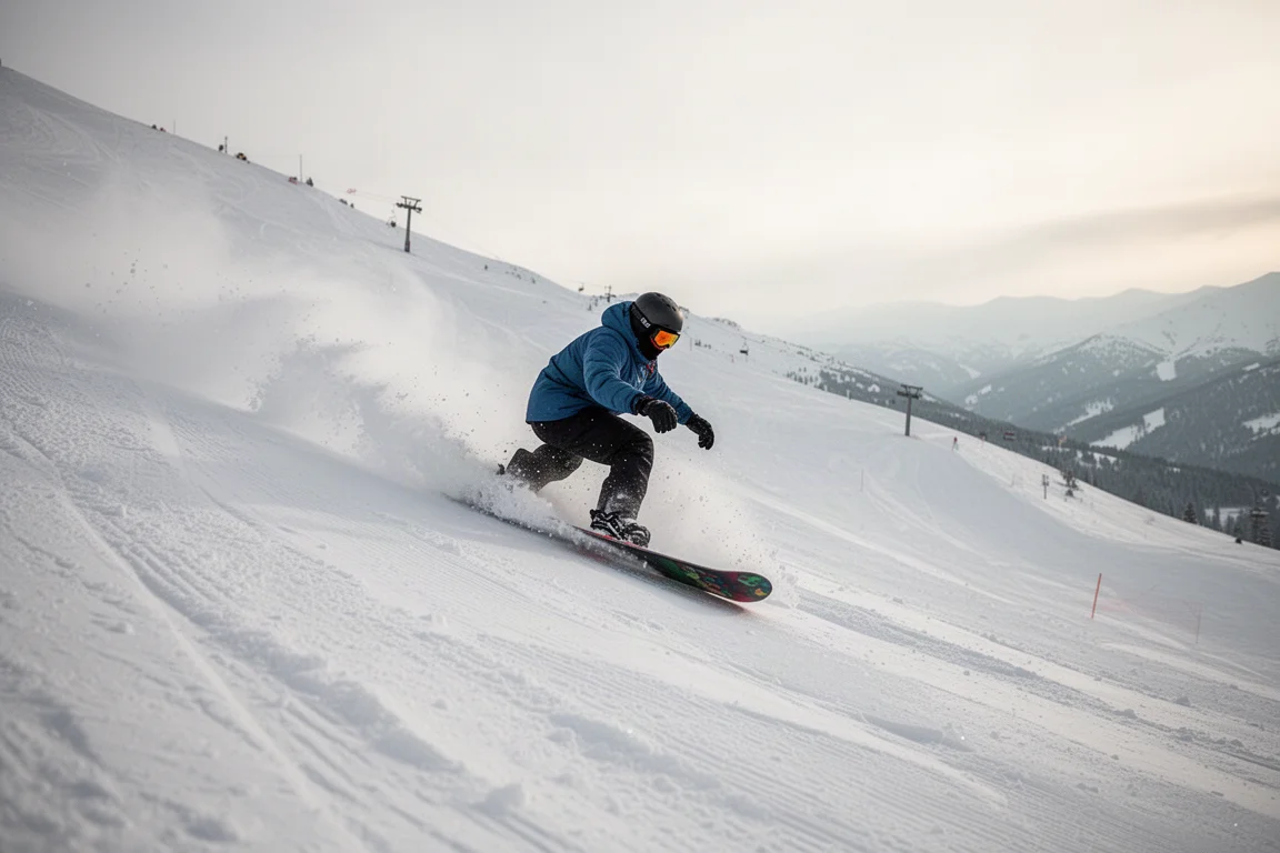 单板滑雪者高速滑行在宽阔平整的压雪斜坡上