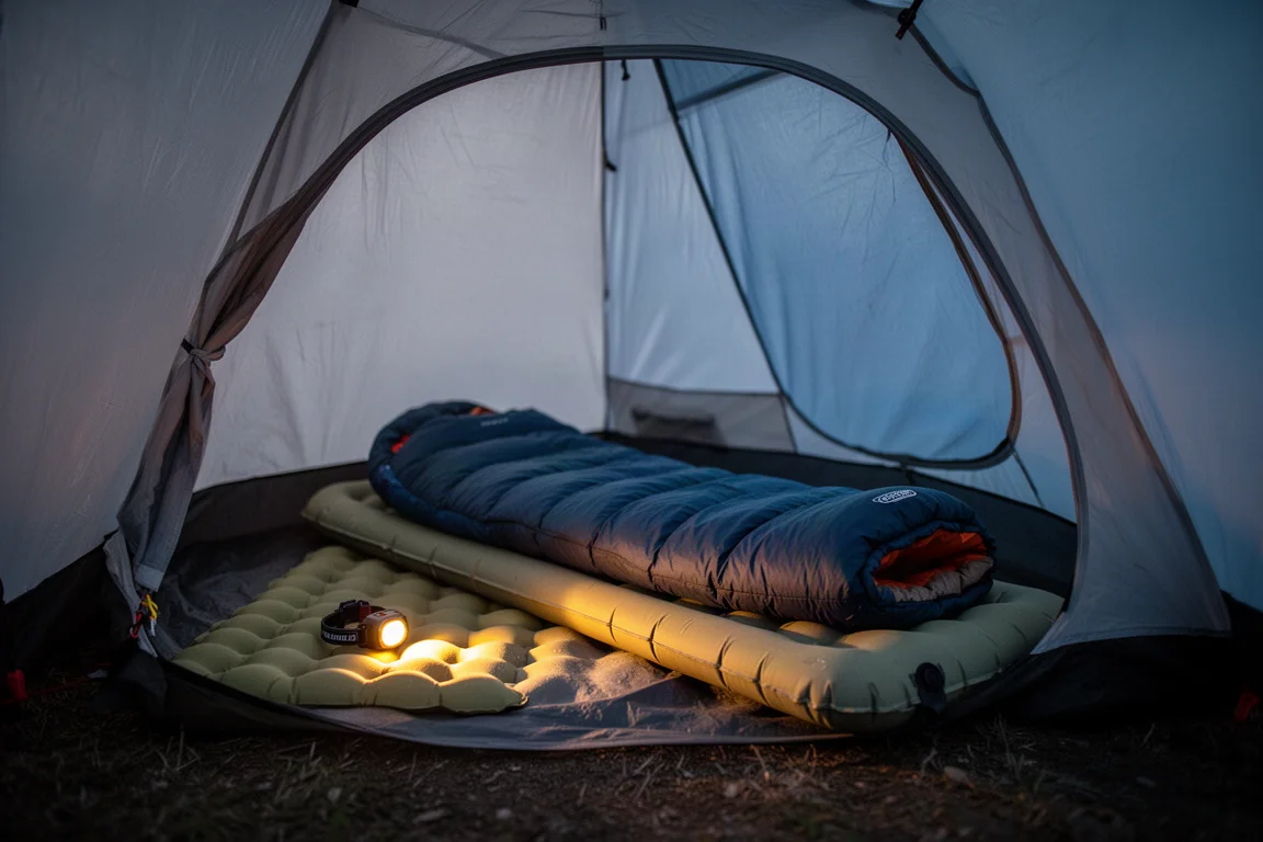 Innenraum eines Trekkingzelts in der Dämmerung mit aufgeblasener Isomatte und ausgelegtem Mumienschlafsack