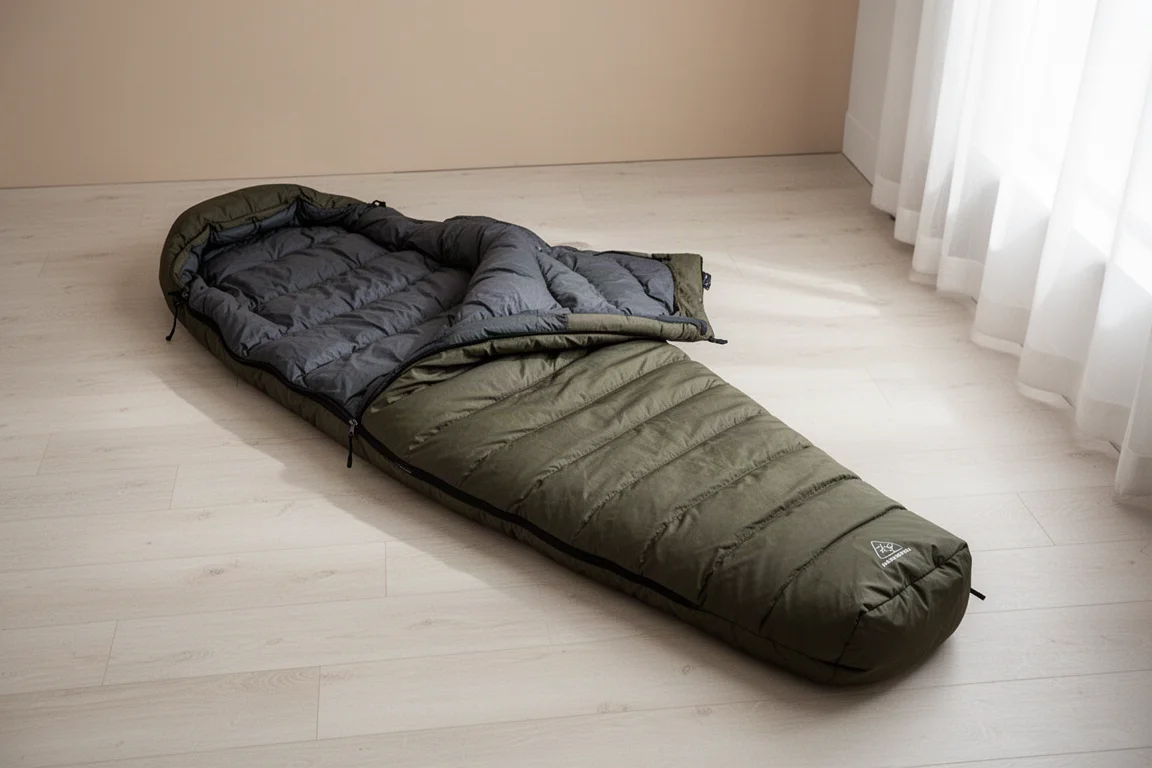 Mumienschlafsack flach und aufgezippt auf Holzboden liegend, der seine konische Form zeigt