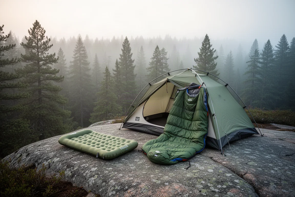 Campingplatz bei erstem Licht mit Isomatte und Schlafsack zum Lüften vor einem Zelt neben einem Kiefernwald