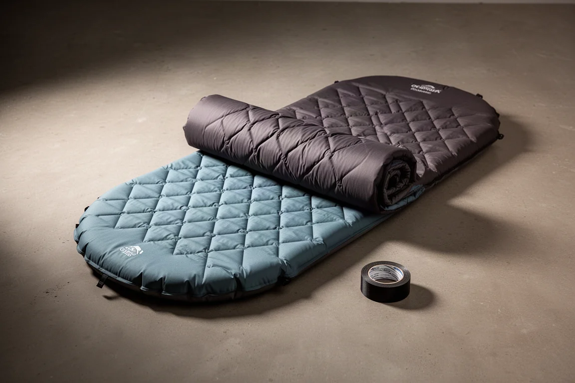 Insulated backpacking sleeping pad partially unrolled on concrete beside a small roll of repair tape