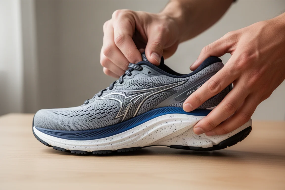 Mano de un corredor apretando y retorciendo la mediasuela de una zapatilla de running de estabilidad sobre una mesa