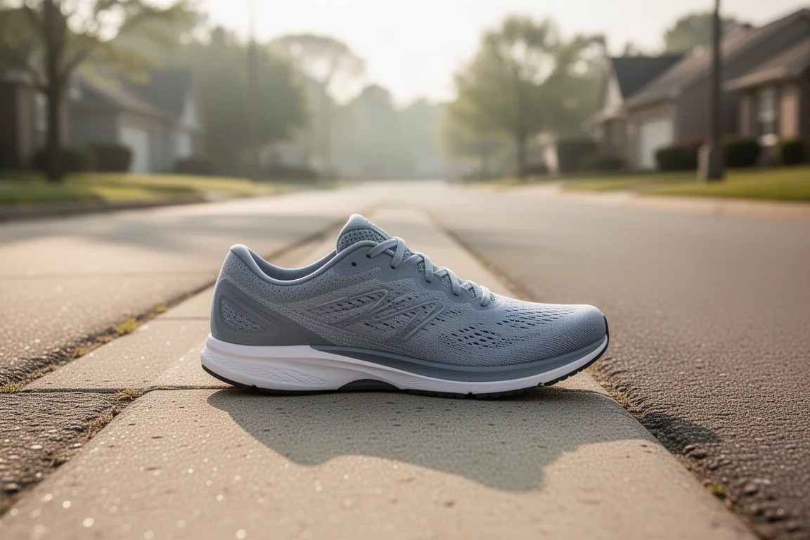 Zapatilla de running de drop cero apoyada plana en el borde del asfalto durante una carrera suave de recuperación
