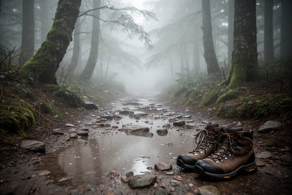Sentiero boschivo roccioso bagnato sotto una pioggia fredda con nebbia e scarponcini ai margini dell'inquadratura