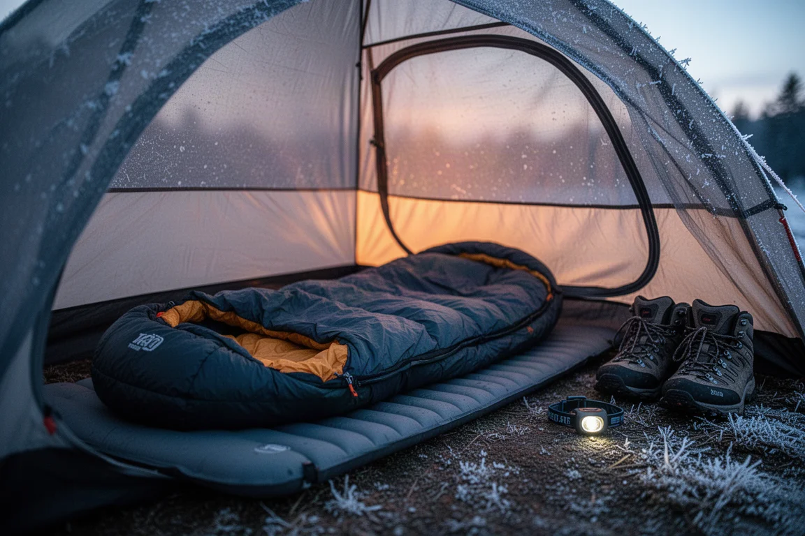 Open sleeping bag on a sleeping pad inside a tent at dusk with frost on the fabric