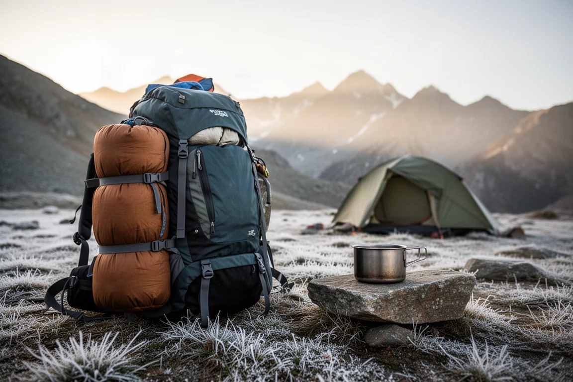 Rolled sleeping bag strapped to a backpack at a frosty alpine campsite at sunrise