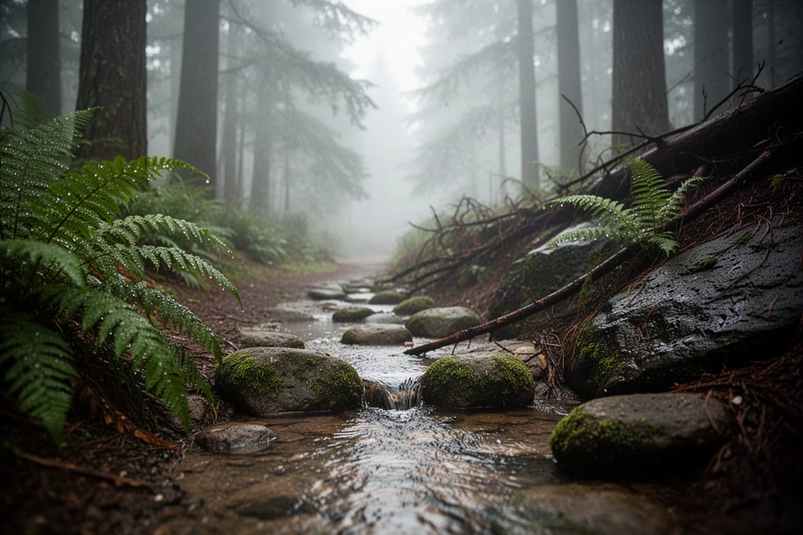 Rain-soaked forest trail with a shallow stream crossing over moss-covered stones