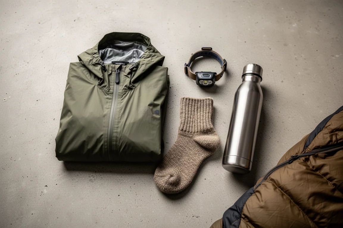 Overhead flat-lay of camping gear including a rolled sleeping bag and rain jacket