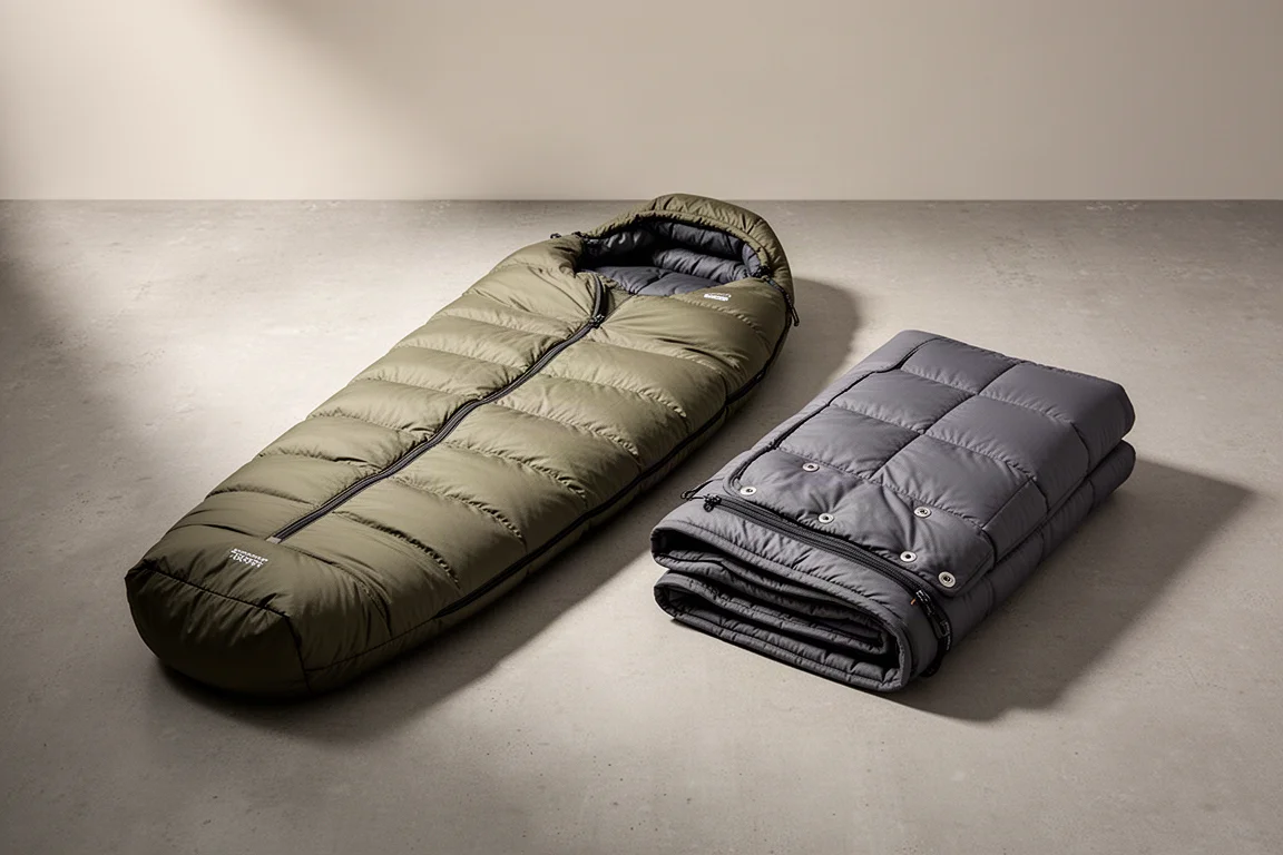 Olive down sleeping bag and charcoal backpacking quilt side by side on concrete