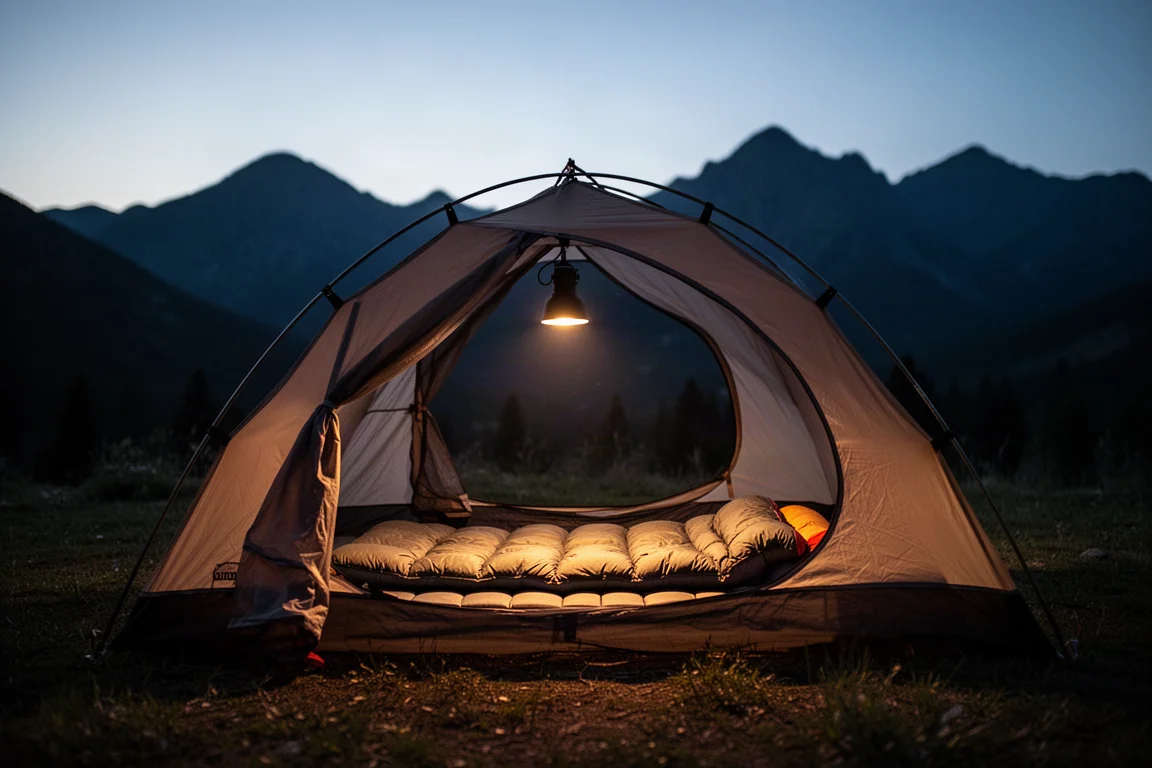 Campamento al atardecer con una esterilla y una colcha montadas dentro de una tienda iluminada