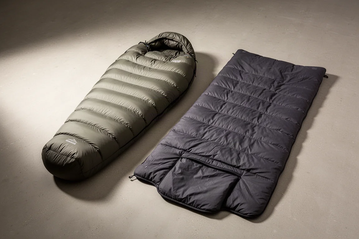 Ultralight sleeping bag and wide quilted top quilt arranged side by side on concrete