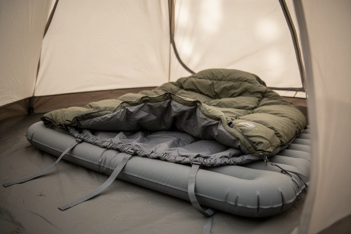 Quilt bez kaptura przymocowany elastycznymi paskami nad karimatą wewnątrz namiotu