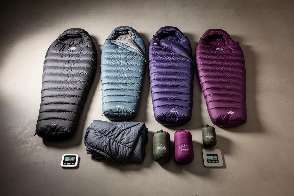 Overhead arrangement of ultralight sleeping bags and quilts with stuff sacks and a scale on concrete