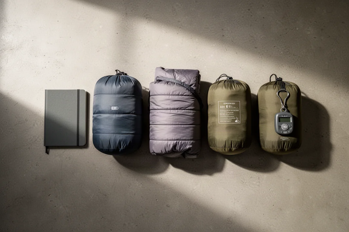Vista cenital de sacos de dormir y colchas empaquetados en fundas sobre hormigón