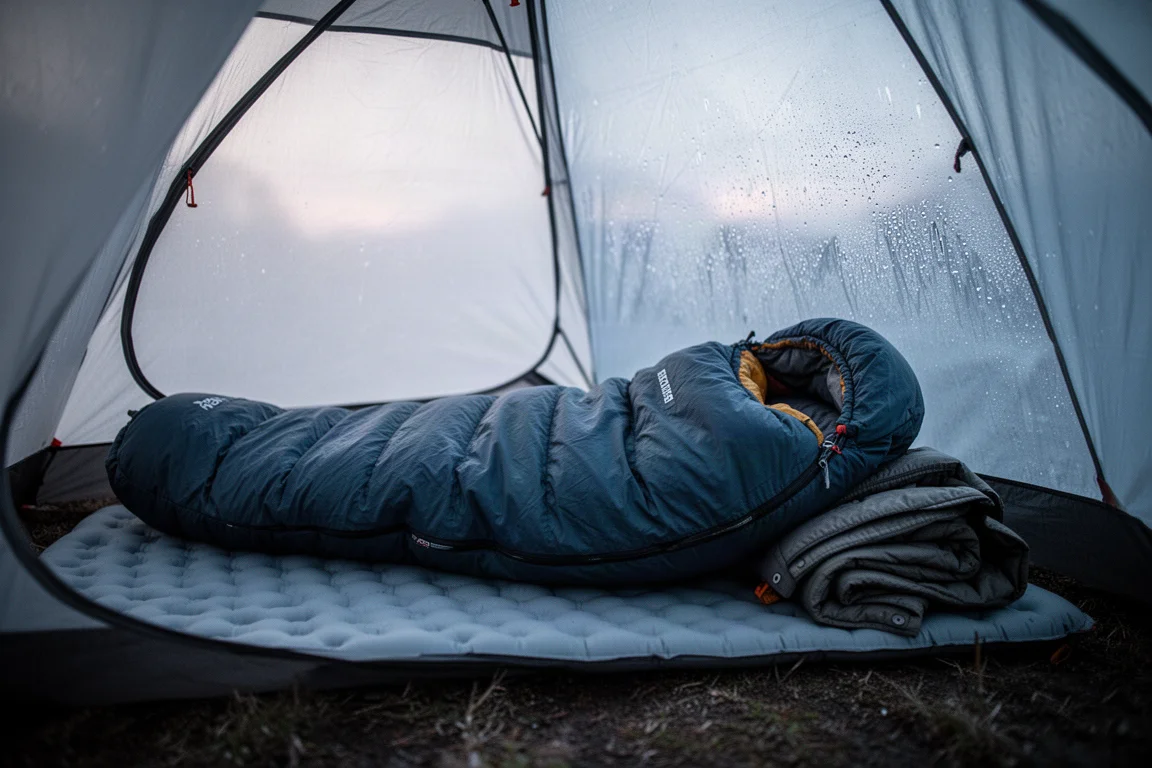 Saco de dormir tipo momia abierto sobre una esterilla dentro de una tienda al amanecer