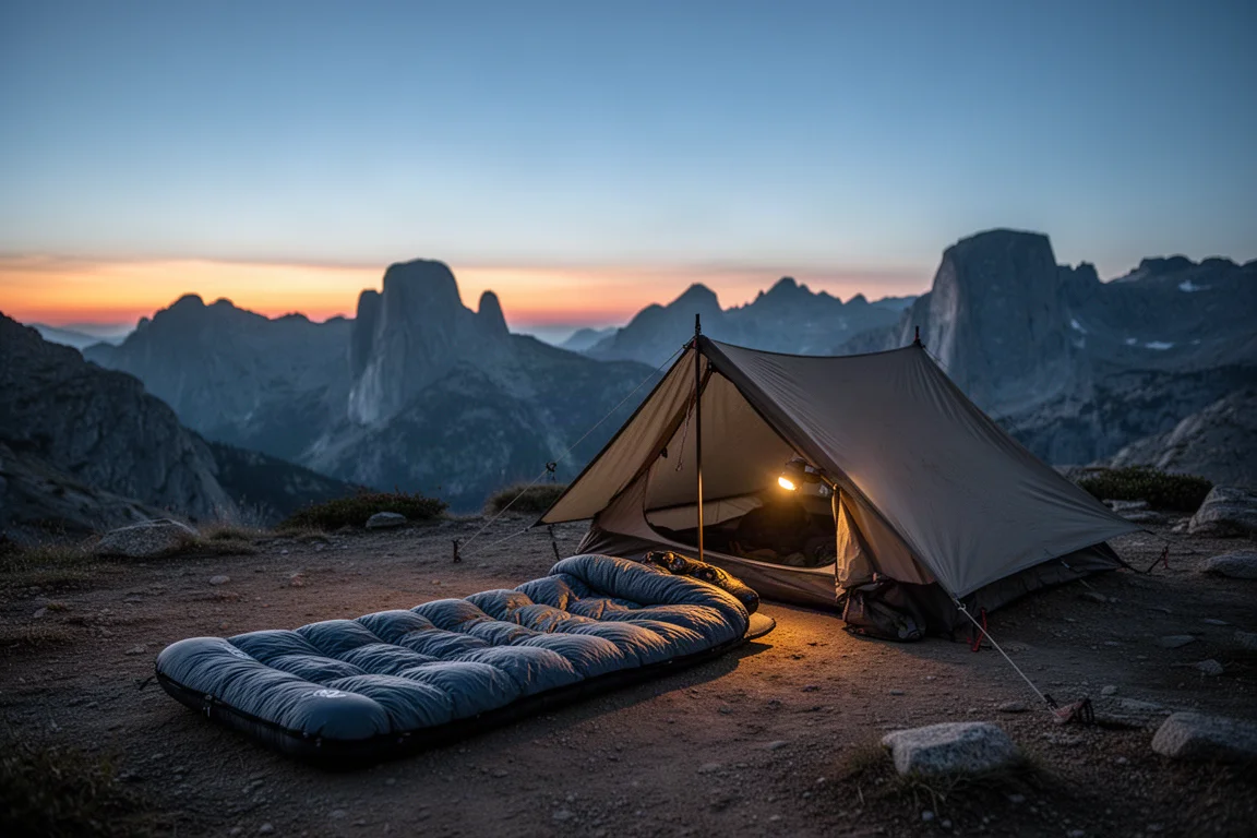 Esterilla y colcha bajo un refugio de lona al atardecer en la montaña