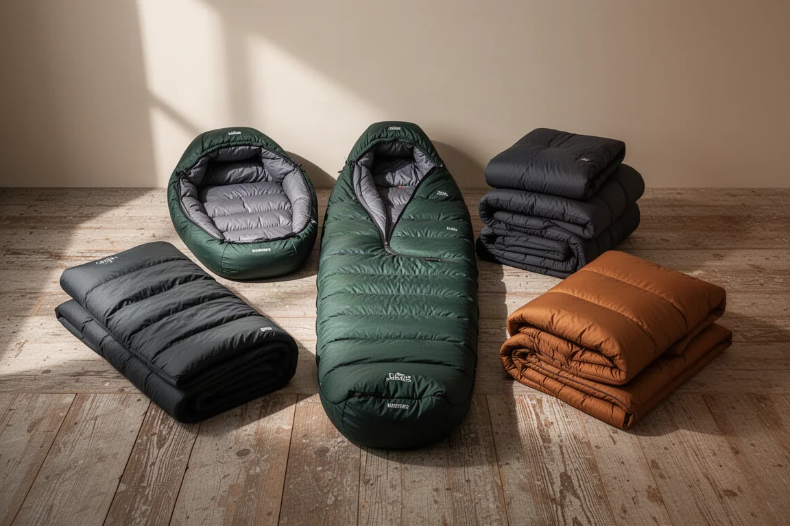 Two sleeping bags and two quilts arranged on a wooden floor in soft morning light