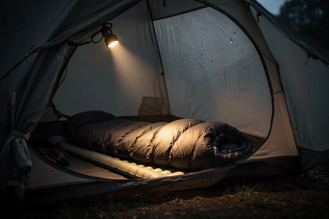 Zeltinneres bei Nacht mit einer teilweise aufgeblasenen Isomatte, die sich unter einem Schlafsack wölbt