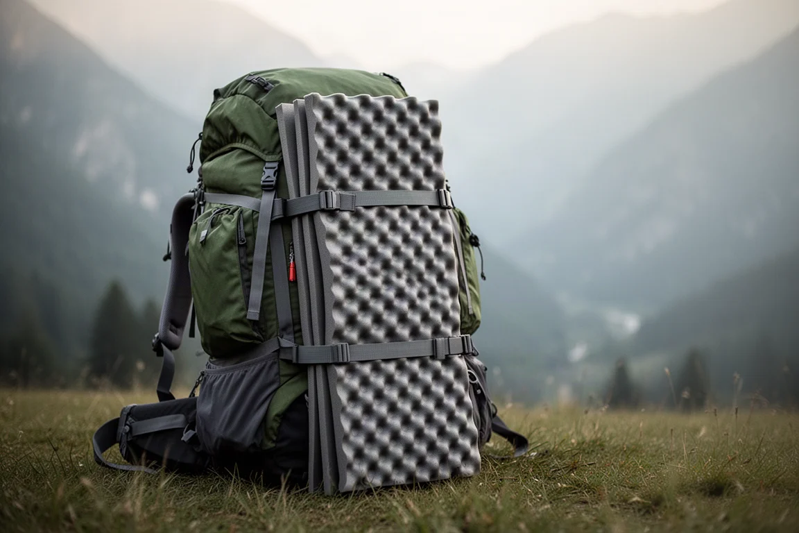 Gefaltete geschlossenzellige Schaumstoffmatte mit Noppenmuster am Wanderrucksack festgezurrt