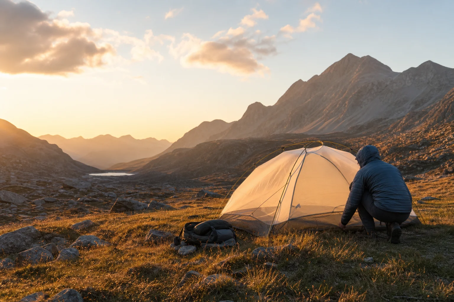 Backpacker beim Zeltaufbau in einem Bergtal während der goldenen Stunde