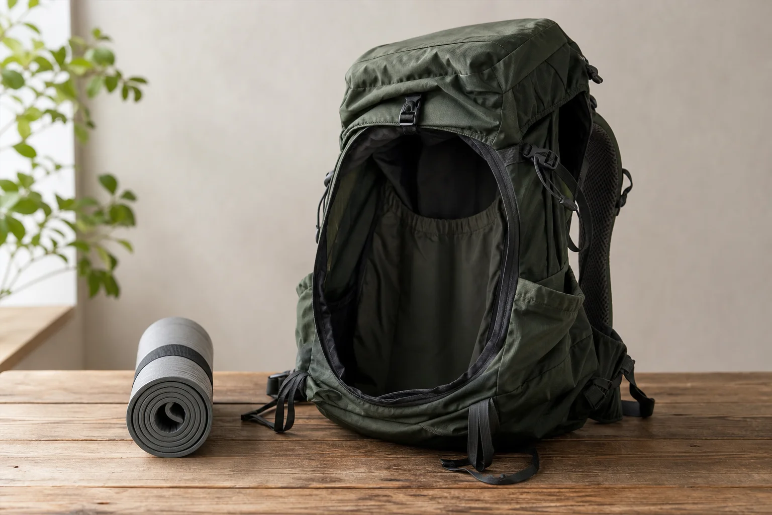 Kompakt gerollte Isomatte neben einem Camping-Rucksack zur Veranschaulichung der Packgröße