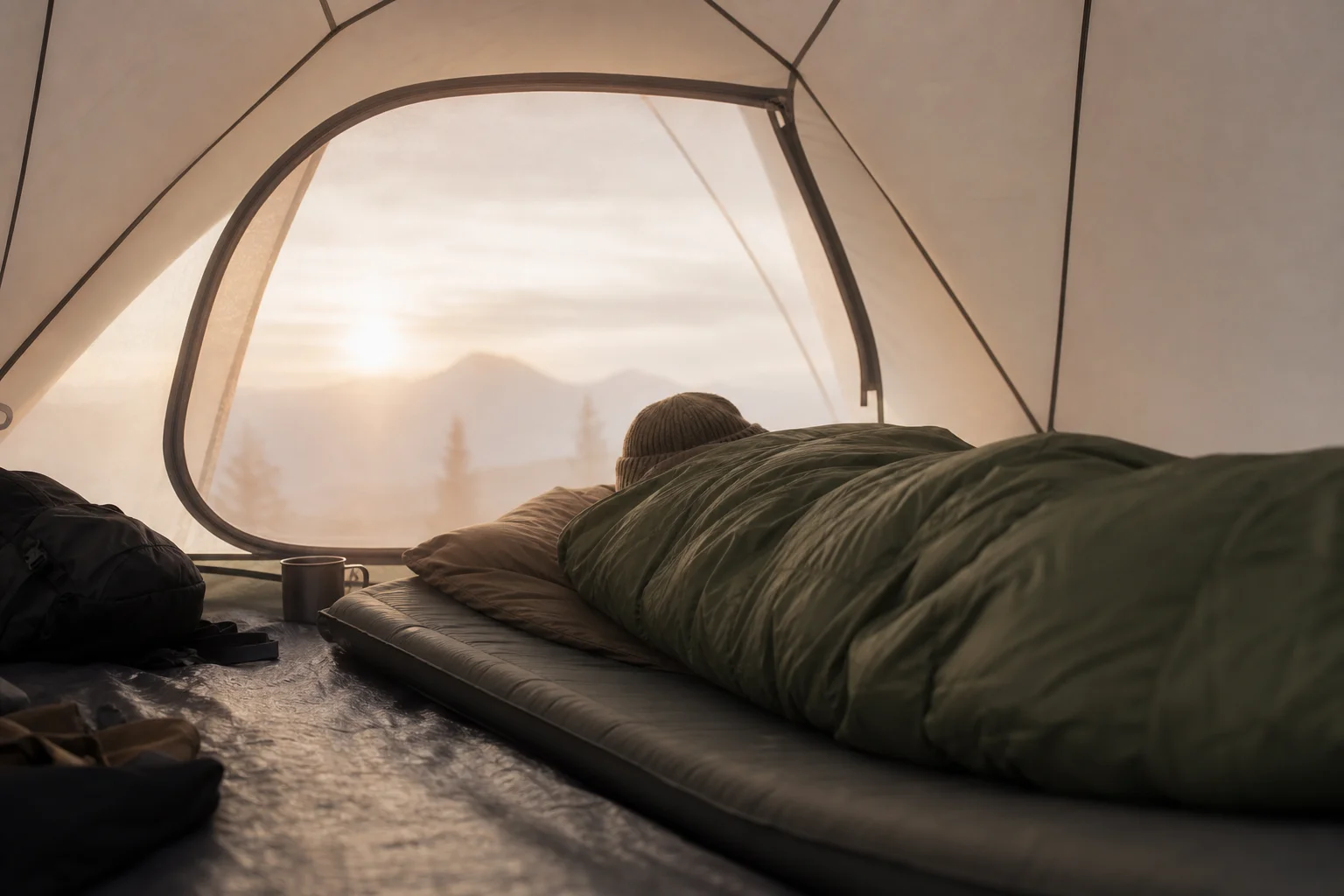 Camper ruht sich morgens im Zelt auf einer Isomatte aus, während Licht durch den Stoff fällt