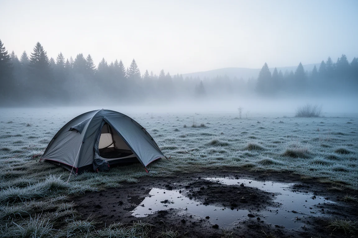 Interieur van een trekkerstent bij zonsopgang met een opblaasbare slaapmat en quilt uitgespreid