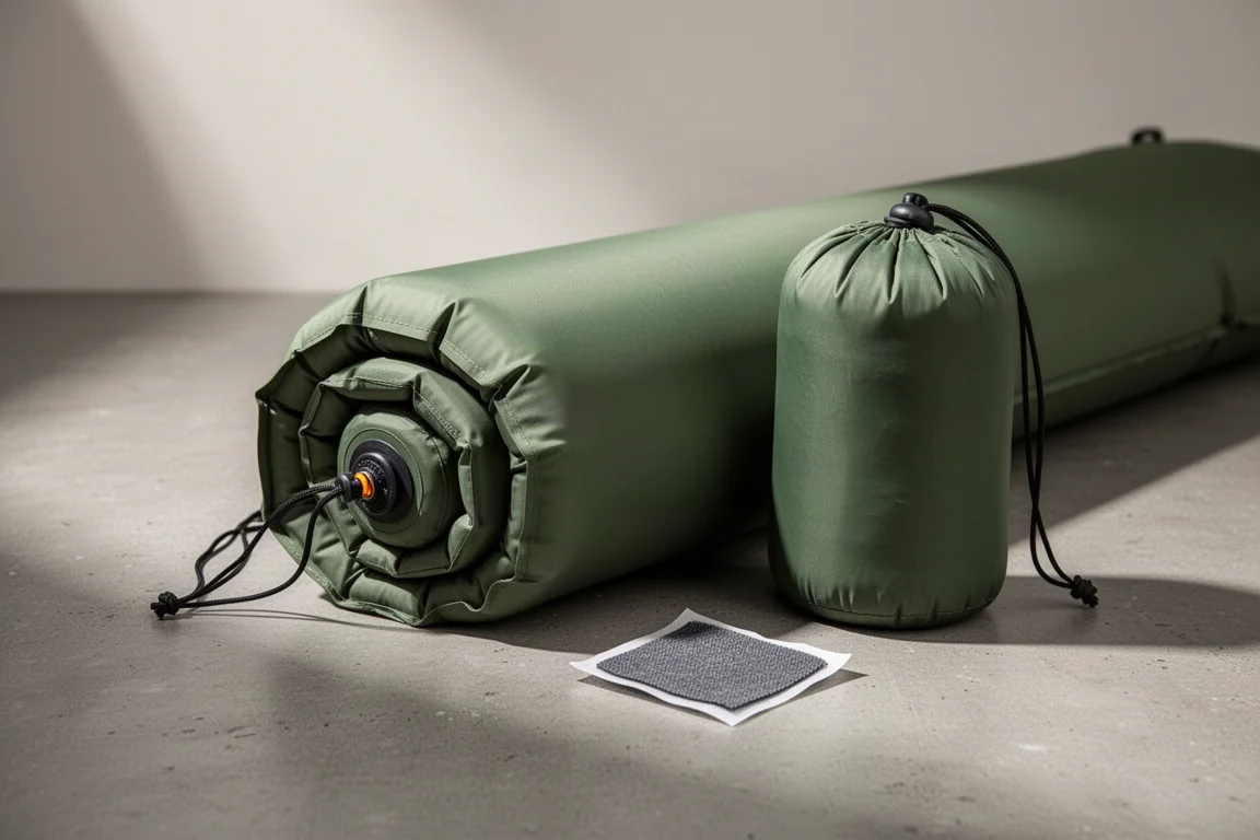 Lightweight green inflatable sleeping pad with stuff sack and repair kit on concrete
