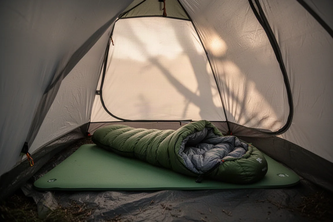 Esterilla verde delgada y saco de dormir dentro de una tienda de backpacking al amanecer