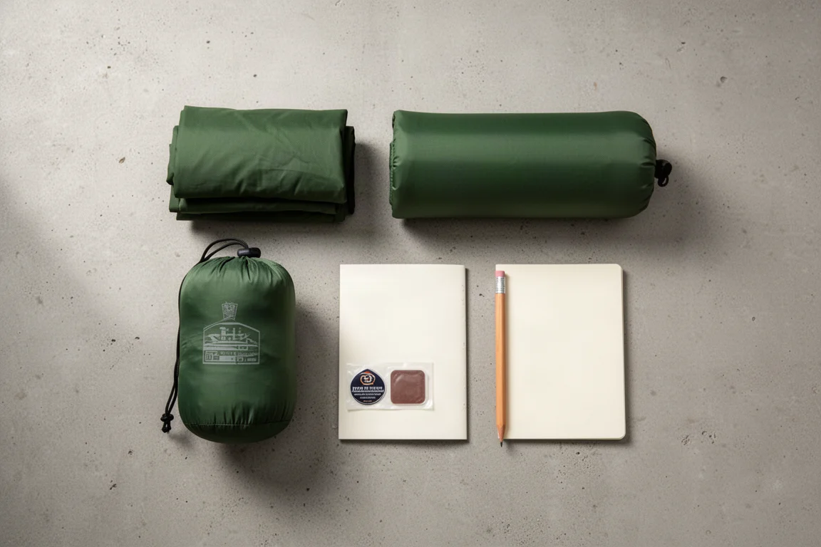 Vista cenital de equipo de camping, esterilla, kit de reparación, cuaderno y lápiz sobre hormigón