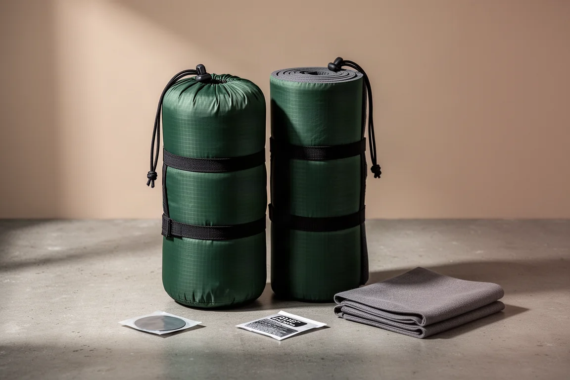 Due tappetini arrotolati nelle loro custodie su cemento con un piccolo kit di riparazione