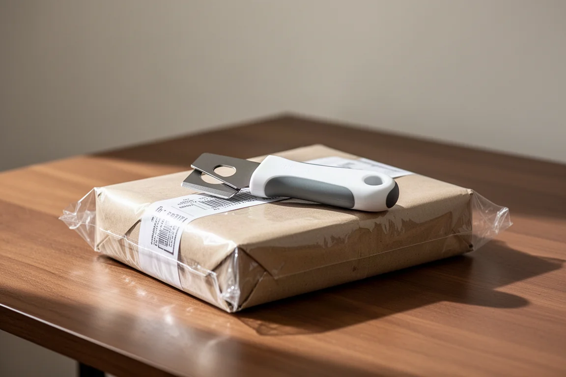 Small ceramic package opener resting on a plastic-wrapped parcel