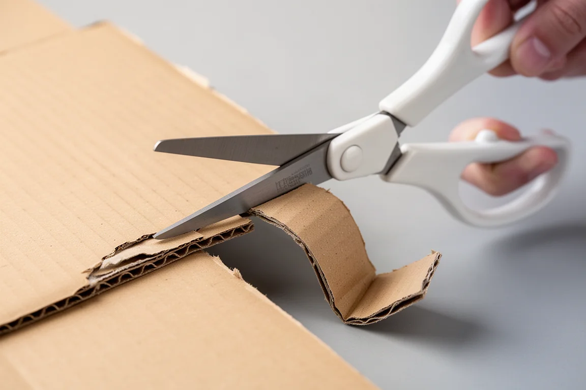 Lightweight scissors cutting through corrugated cardboard