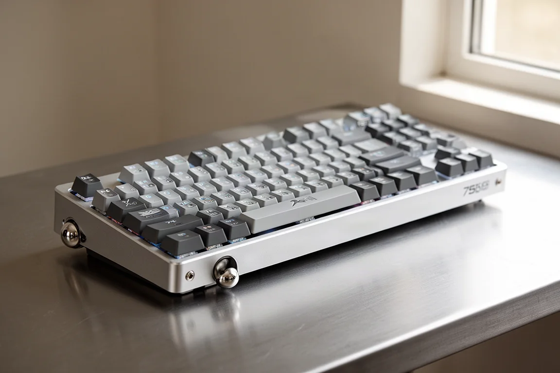 コンクリートのテーブルに置かれた、さまざまなサイズと素材のゲーミングキーボードのラインアップ