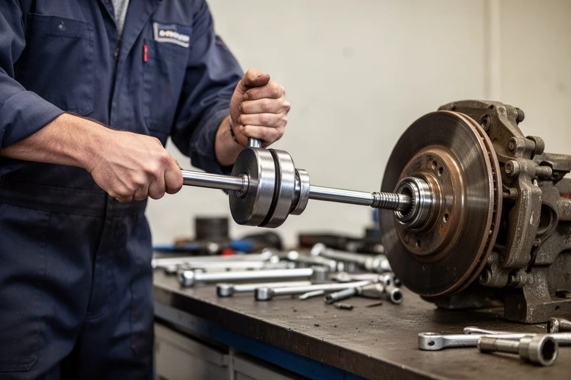 Automotive technician pulling a bearing from a wheel hub with a slide hammer