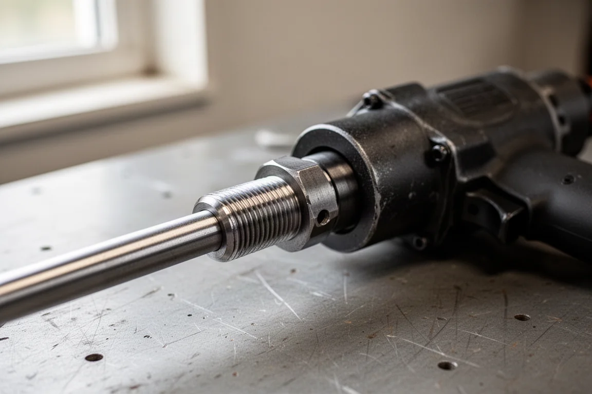 Close-up of a threaded adapter connecting an air puller to a slide hammer rod