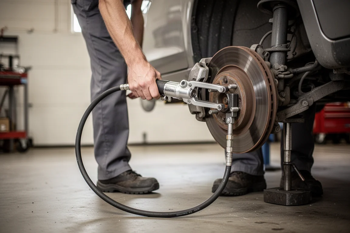 Technician operating a pistol-grip air puller on a vehicle wheel hub